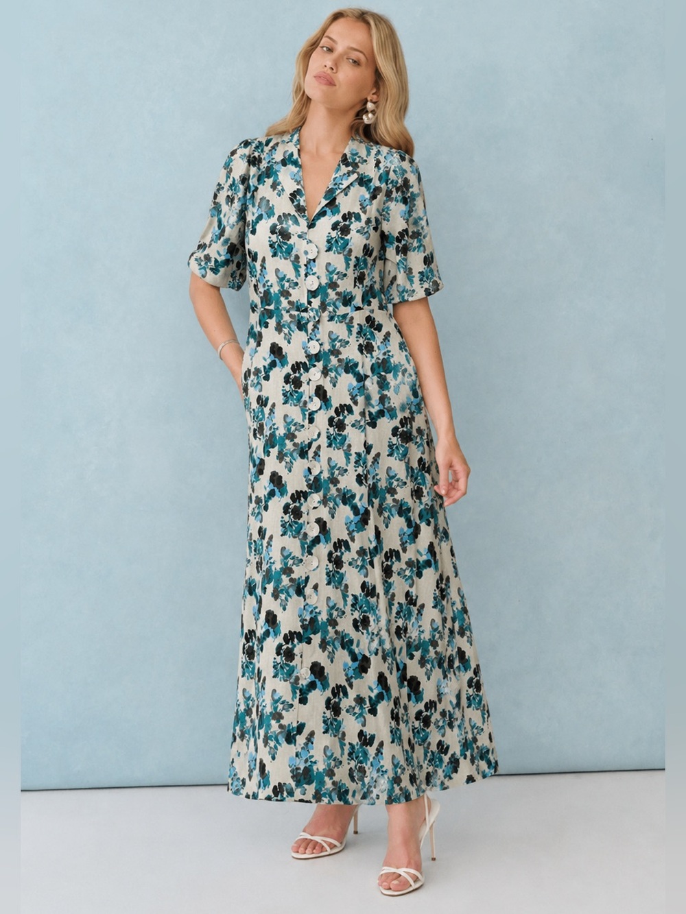 NWT Tuckernuck Linen Hadley Floral Blue Blooms Coastal Chic Dress Medium